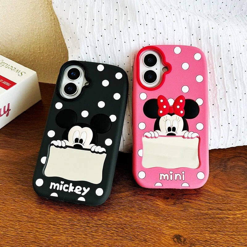 CUTE CARTOON POLKA DOT MICKEY & MINNIE MOUSE SILICONE CASE  WITH MAKEUP MIRROR COVER -